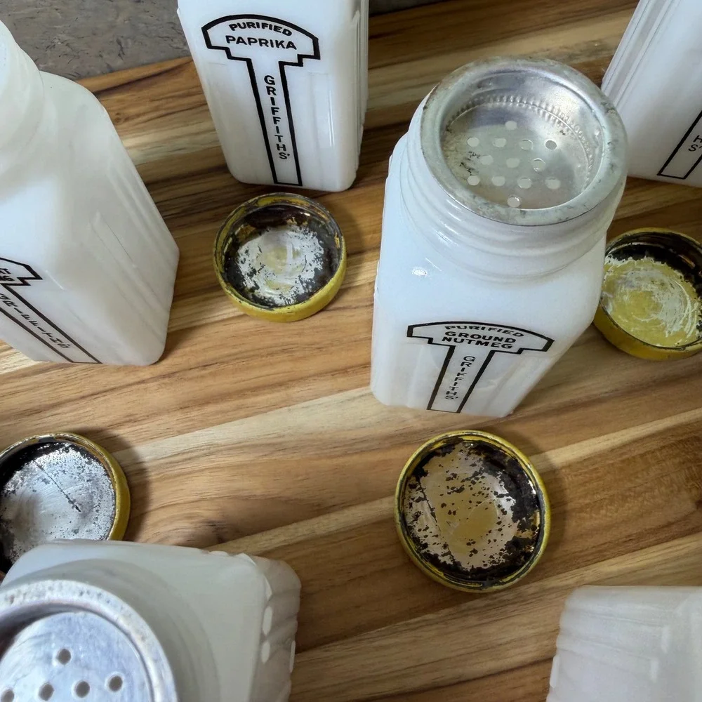 Vintage Griffiths Milk Glass Spice Jars Set of 9 White Art Deco Yellow Lids